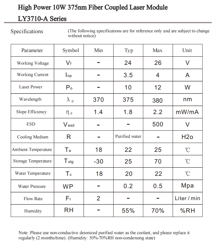 L&aacute;ser de fibra de 10W 375 nm acoplado