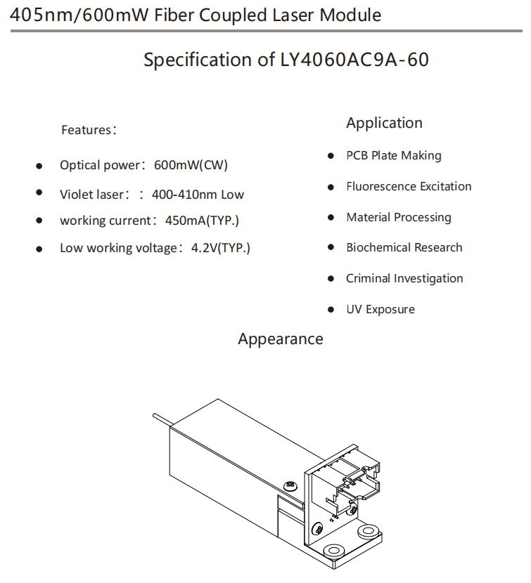 405 nm de 600MW l&aacute;ser de fibra