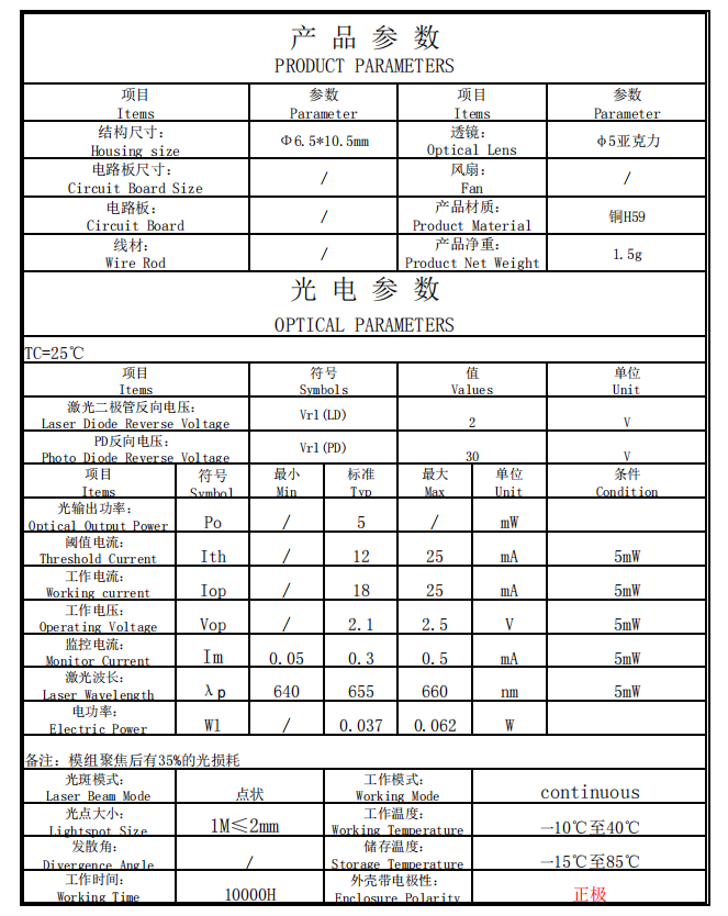 M&oacute;dulo de diodo l&aacute;ser de punto rojo de 5 mW 
