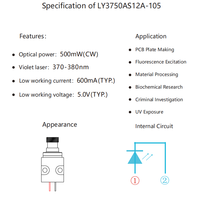 Diodo l&aacute;ser de 375 nm y 500 mW 