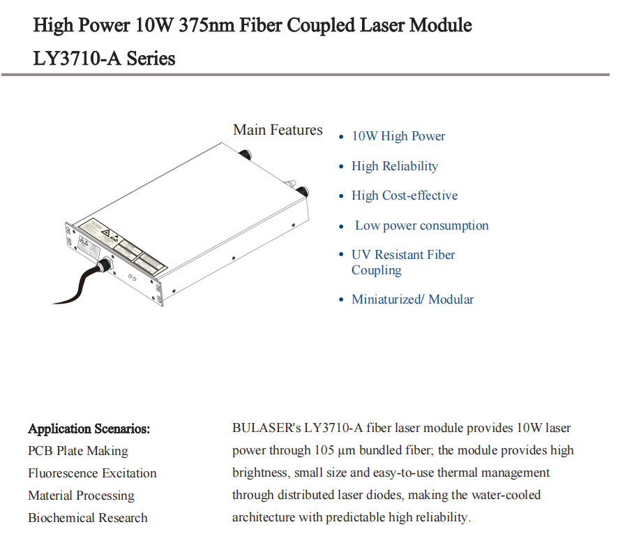L&aacute;ser de fibra de 10W 375 nm acoplado